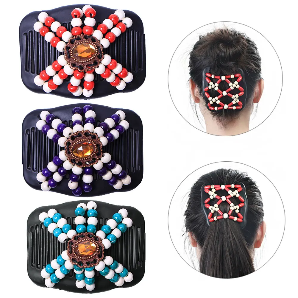 Double Beaded Thick Hair Clip Combs Beads Elastic Hairpin Bun Maker