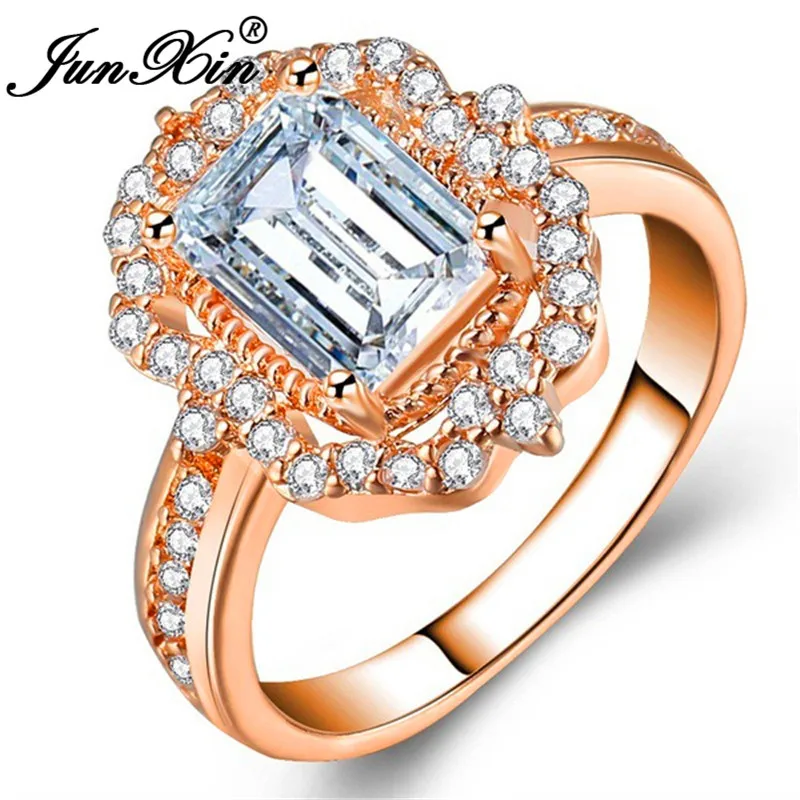 JUNXIN Princess Cute Stone Square White Crystal Rings For Women Silver/Rose Gold Filled Luxury Zircon Fashion Engagement Ring