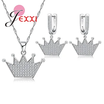 

Crown Hat Design Silver Jewelry Set Clear Rhinestone Necklace Pendent Hoop Earrings For Women Lady Birthday Gift