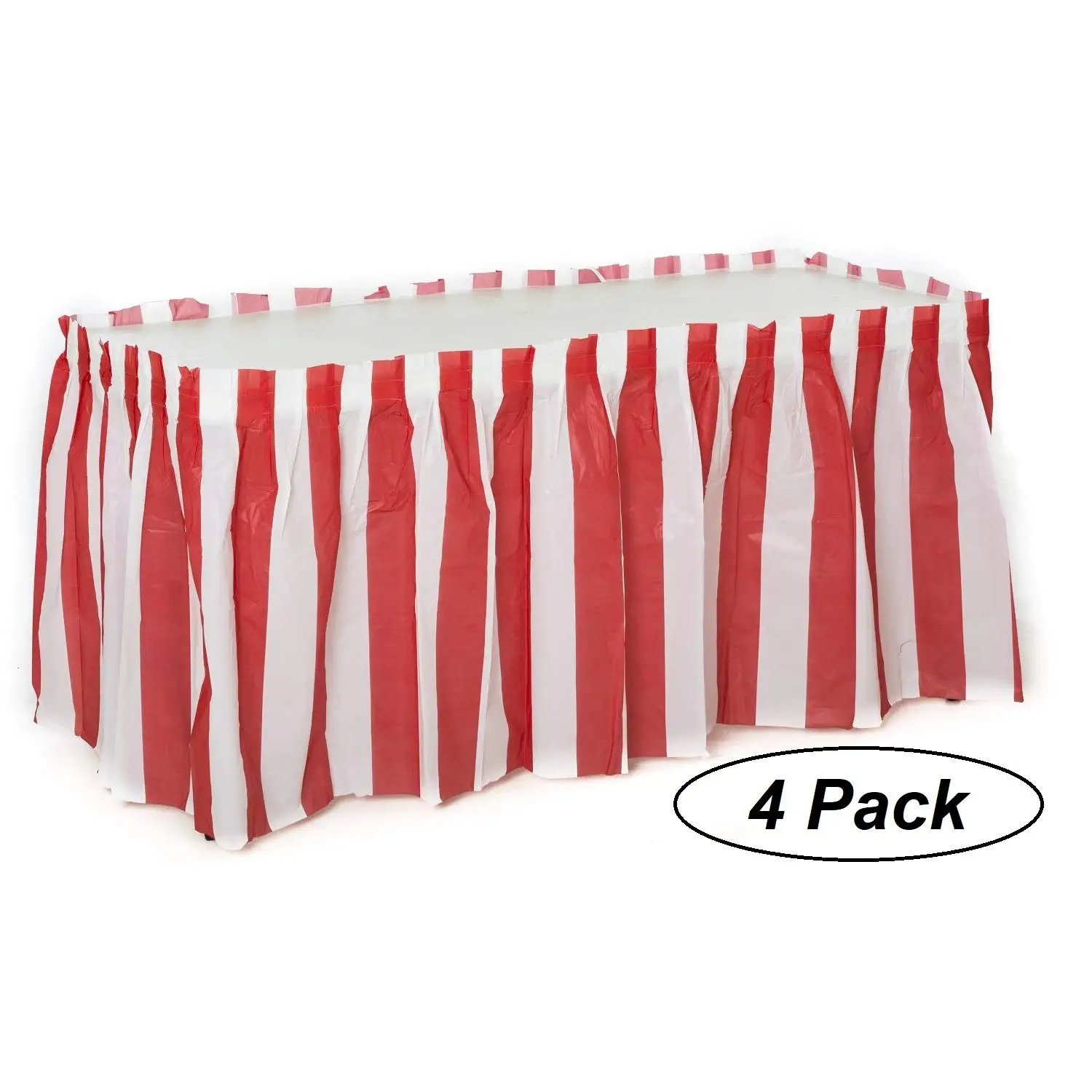 

METABLE 4 Pack Red and White Striped Table Skirt Carnival Circus Decor Easy to set up durable plastic, stick double sided tape