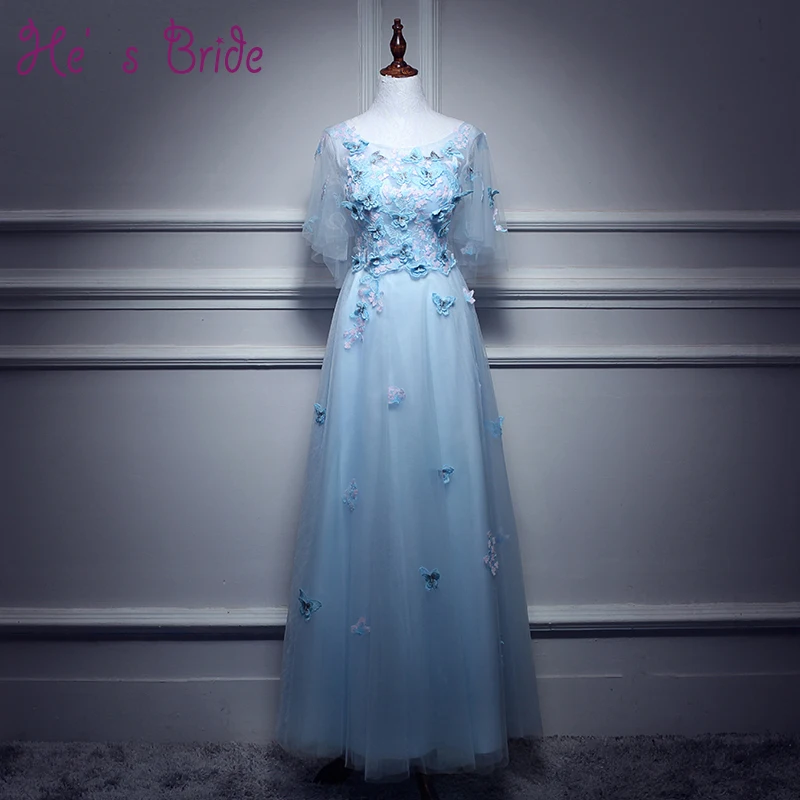 

New Arrival Light Blue O Neck Floor Length Evening Dress Zipper Back Design with Flowers and Embridery Vesta De Festa