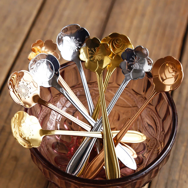 

3Pcs Stainless Steel Spoons Silver Gold Tea Coffee Spoon Vintage Flower Teaspoon Cute Small Dessert Spoon Mini Spoon For Coffee
