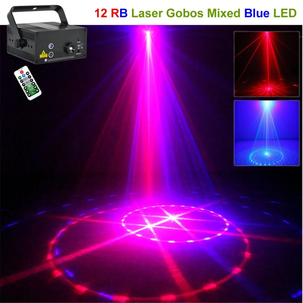 Mini 12 Pattern Red Blue RB Laser Projector Lights Mixed 3W Blue LED Effect DJ Party KTV Home Show Remote Stage Lighting 12RB