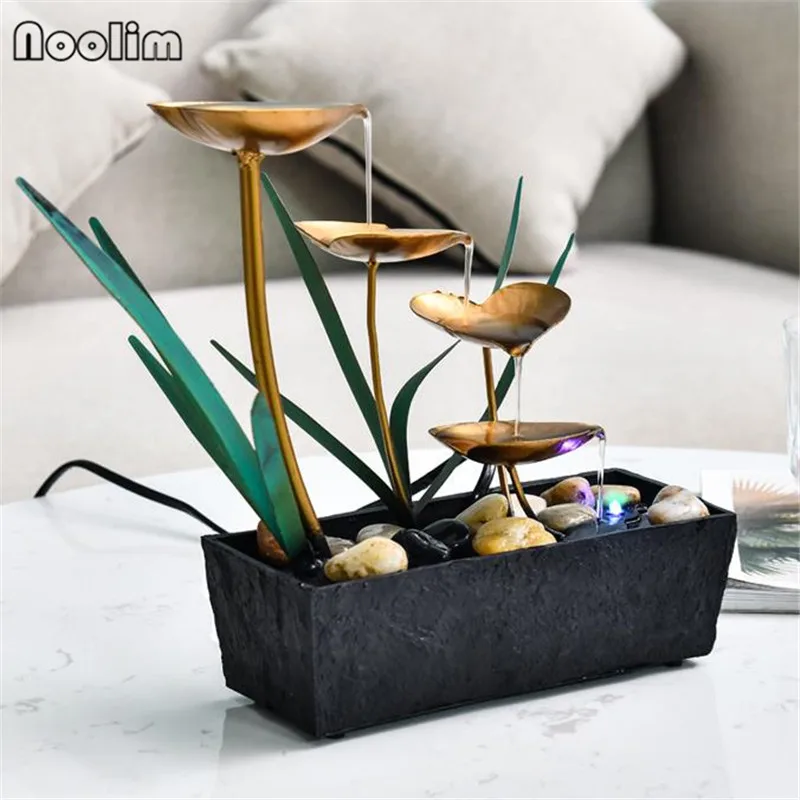 

Resin Base+Iron Leaves Water Fountain Feng Shui Lucky Wheel Creative Home Living Room Office Bonsai Housewarming Opening Gifts