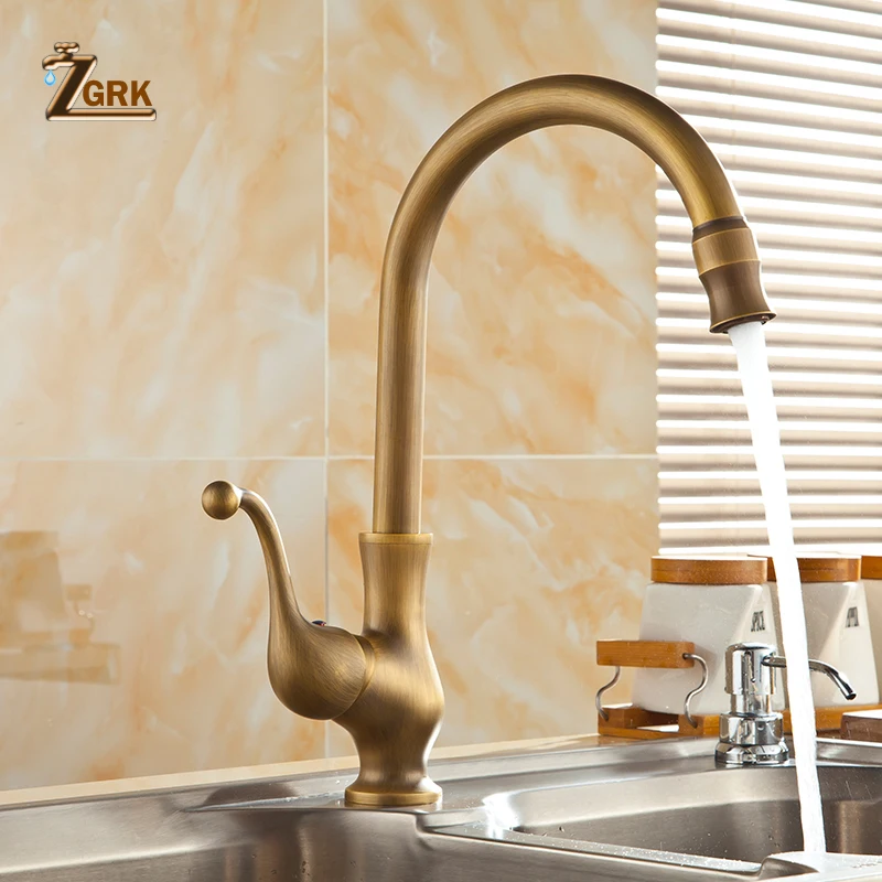 ZGRK Antique Brass Kitchen Faucet Single Hole Single Handle Water Tap Kitchen Swivel 360 Design Kitchen Sink Mixer Taps