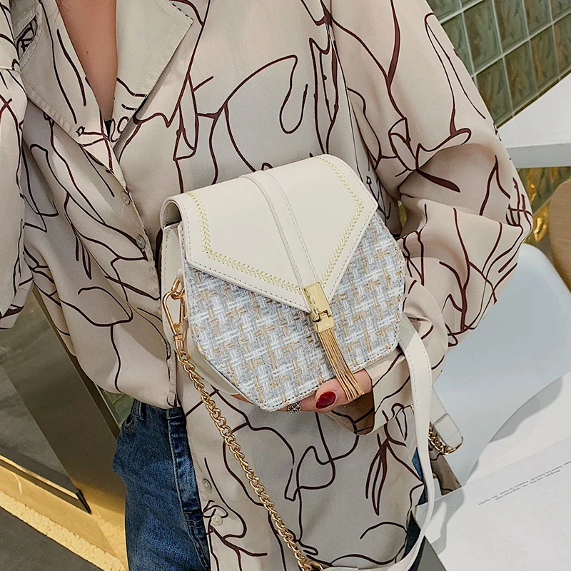 Beste Kwastje geweven vrouwen tas hexagon 2019 nieuwe Ketting breien tas schouder lederen kleine handtas messenger designer merk dames luxe