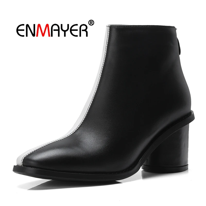 

ENMAYER Women Ankle Boots Fashion Boots Winter Solid Pointed Toe Shoes women Size 33-40 Winter Causal Zipper Thick heels CR1752