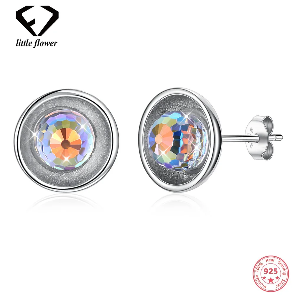 

Austria Crystal Stud Earrings Europea American Fashion Style Sterling Silver 925 Round Jewelry for Women Multi Trendy Color