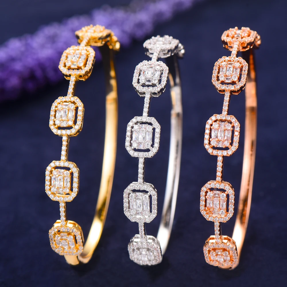 

3 Colors Charms CZ Statement Bangle Women Wedding Jewelry Full Cubic Zircon Dubai korean Bracelets 2019 New Design Bangles