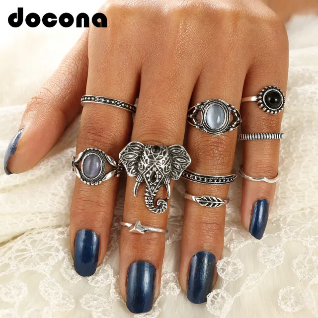 Docona 10 pz/set Vintage Argento Antico di Colore Opale Elefante Knuckle Midi An Docona 10 pz/set Vintage Argento Antico di Colore Opale Elefante Knuckle Midi An