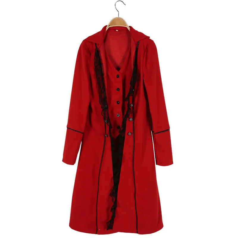 Костюмы для взрослых женщин в викторианском стиле, черный, красный смокинг, фрак, длинная куртка, стимпанк, неравномерное пальто, наряд, пальто, униформа