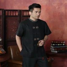 Популярные черные китайские традиционные мужские кунг-фу Топы классический короткий рукав воротник стойка рубашка Размер M L XL XXL XXXL 4XL