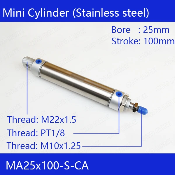 Free shipping Pneumatic Stainless Air Cylinder 25MM Bore 100MM Stroke , MA25X100-S-CA, 25*100 Double Action Mini Round Cylinders