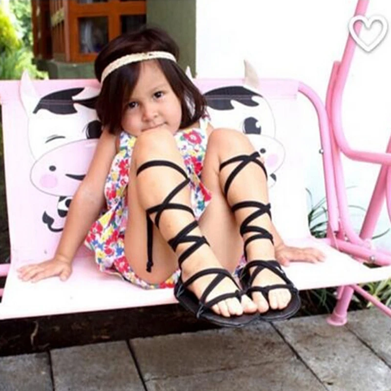 Летнее платье принцессы для маленьких девочек Сандалии «гладиатор» на плоской подошве Брендовая обувь для детей из искусственной кожи детские ботинки Rome сандалии
