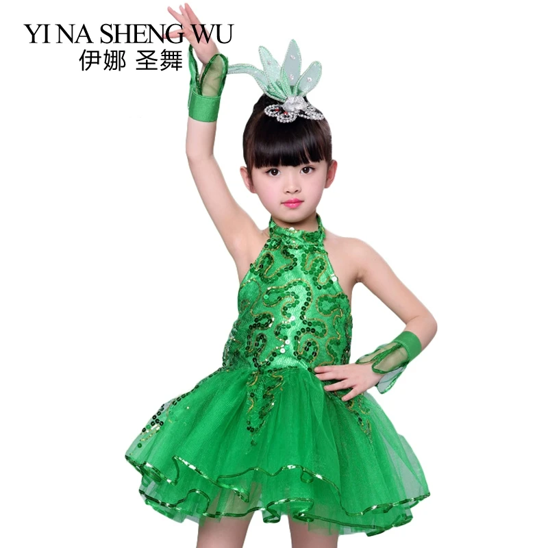 Детские танцевальные костюмы, танцевальные костюмы для джазовых танцев, юбка принцессы для девочек, юбка-пачка, зеленые блестки, платье для