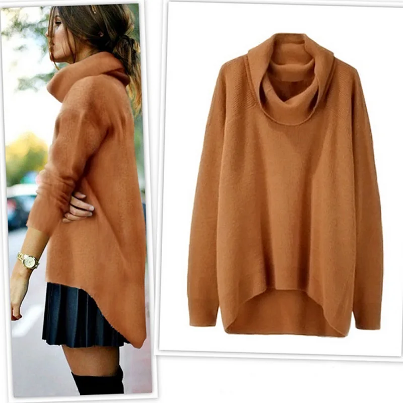 

Autumn Winter Women Sweater Long Sleeve Loose Irregular Hem Turtleneck Sweaters Solid Jumper Pullover Tops
