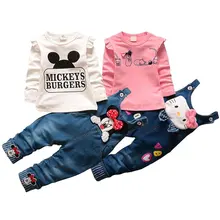 Комплекты одежды для девочек комплект одежды для девочек с комбинезоном «hello kitty» и «Микки и Минни», осенняя рубашка с длинными рукавами+ джинсы одежда для девочек