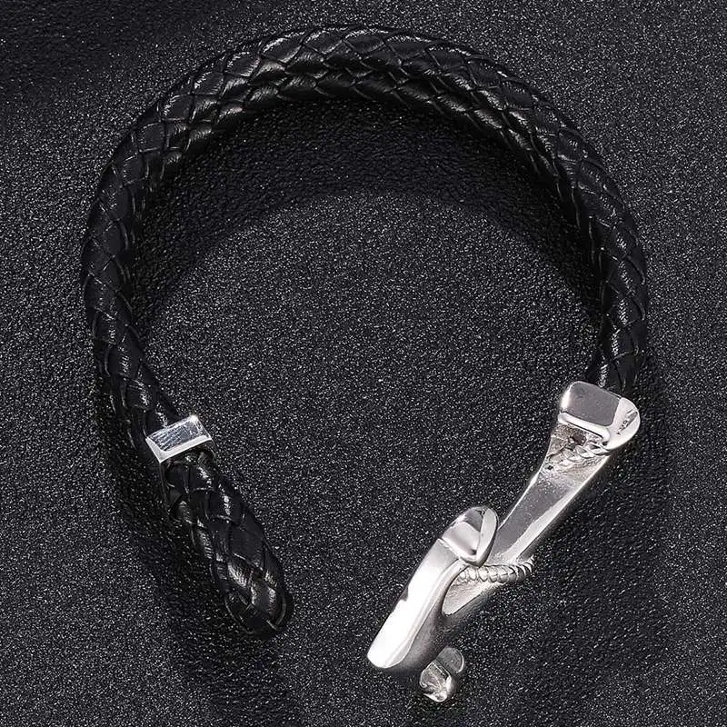 Мужские ювелирные изделия в стиле панк, браслет из нержавеющей стали с якорем, мужские черные плетеные кожаные веревочные браслеты, модные очаровательные браслеты PW767