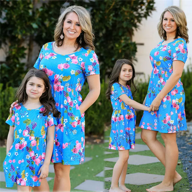 

Mother Daughter Family Matching Outfits Short Sleeves Floral Dress Summer Cotton Girl Women Boho Loose Dresses Sundress Clothes