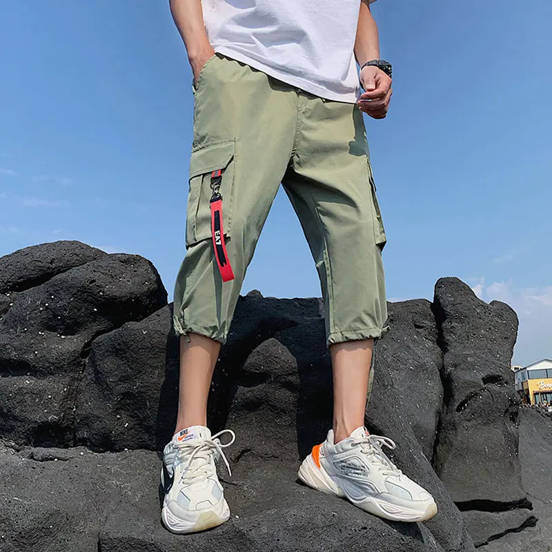 

Safari Style Calf-Length Pants Webbing Multi-Pockets Men's Pants Elastic Waist Large Size Black Green Gray Calf-Length Pants