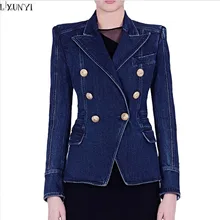 LXUNYI высокое качество дамы двубортный пиджак Осень Винтаж стиральная повседневное женские джинсовые пальто для будущих мам зима блейзер Feminino