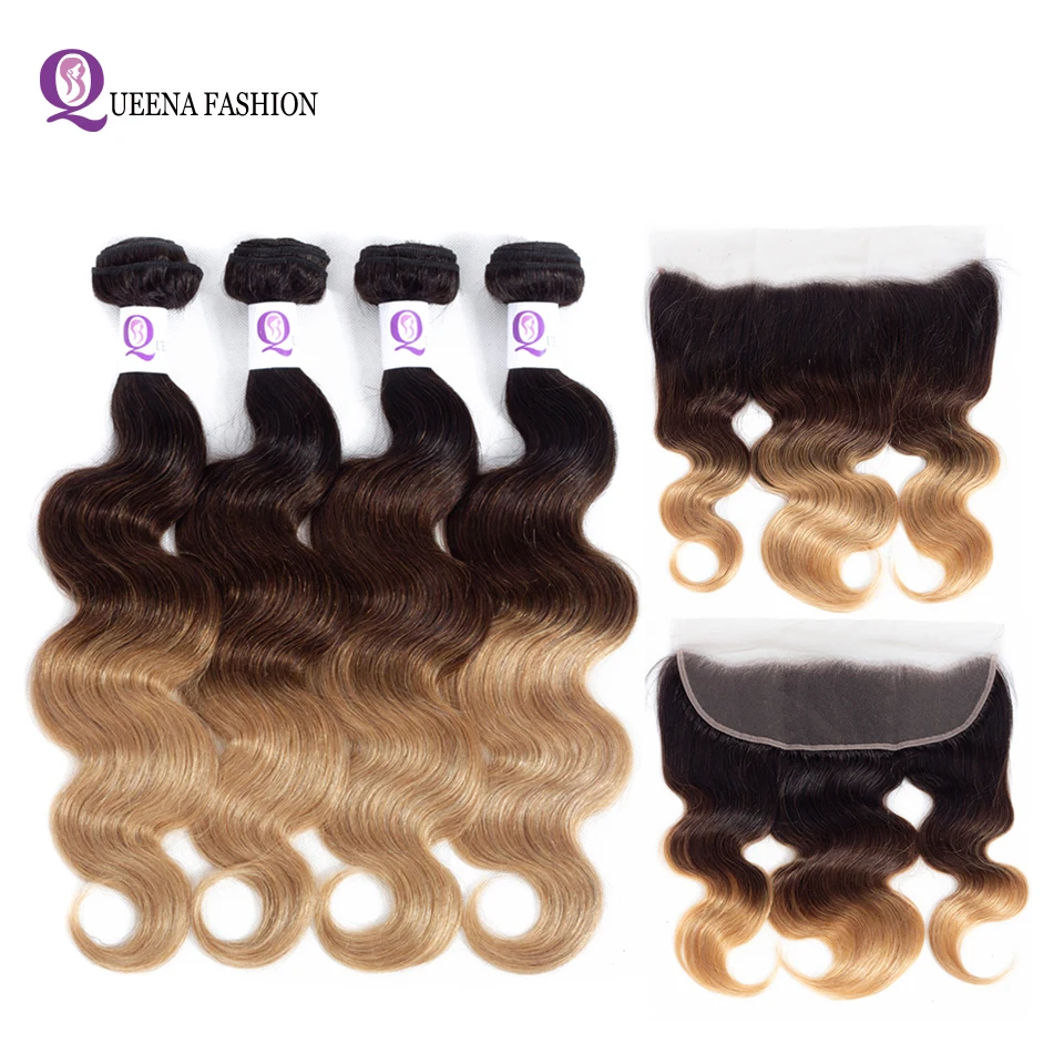 

Preplucked Ombre Bundles With Ear To Ear Lace Frontal 1b/4/27 3 Tone Peruvian Body Wave Ombre Human Hair 4 Bundles With Frontal