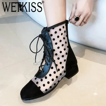 

WETKISS Flock Ankle Boots Women Round Toe Lace Up Footwear Thick High Heels Boots Female Polka Dot Mesh Shoes Woman Spring 2019