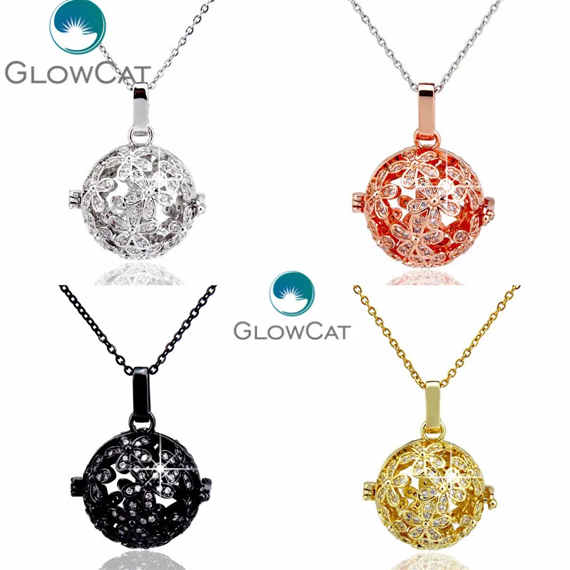 

GLOWCAT 4 Colors Flower Zircon Pendant Beads Cage Essential Oil Diffuser Aroma Copper Locket Necklace Stainless Chain 21915