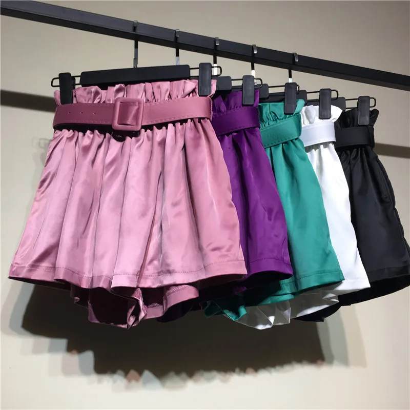 

New Rayon Satin Light Shiny Summer Shorts Women Vintage Slim Sashes Thin Wide Leg Short Elastic Waist Loose Shorts Female Mw302