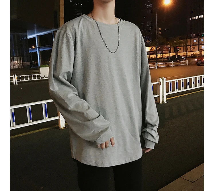 Однотонная корейская модная мужская футболка большого размера с круглым вырезом, Повседневная Свободная уличная футболка с длинным рукавом в стиле хип-хоп, Мужская футболка, 6 цветов