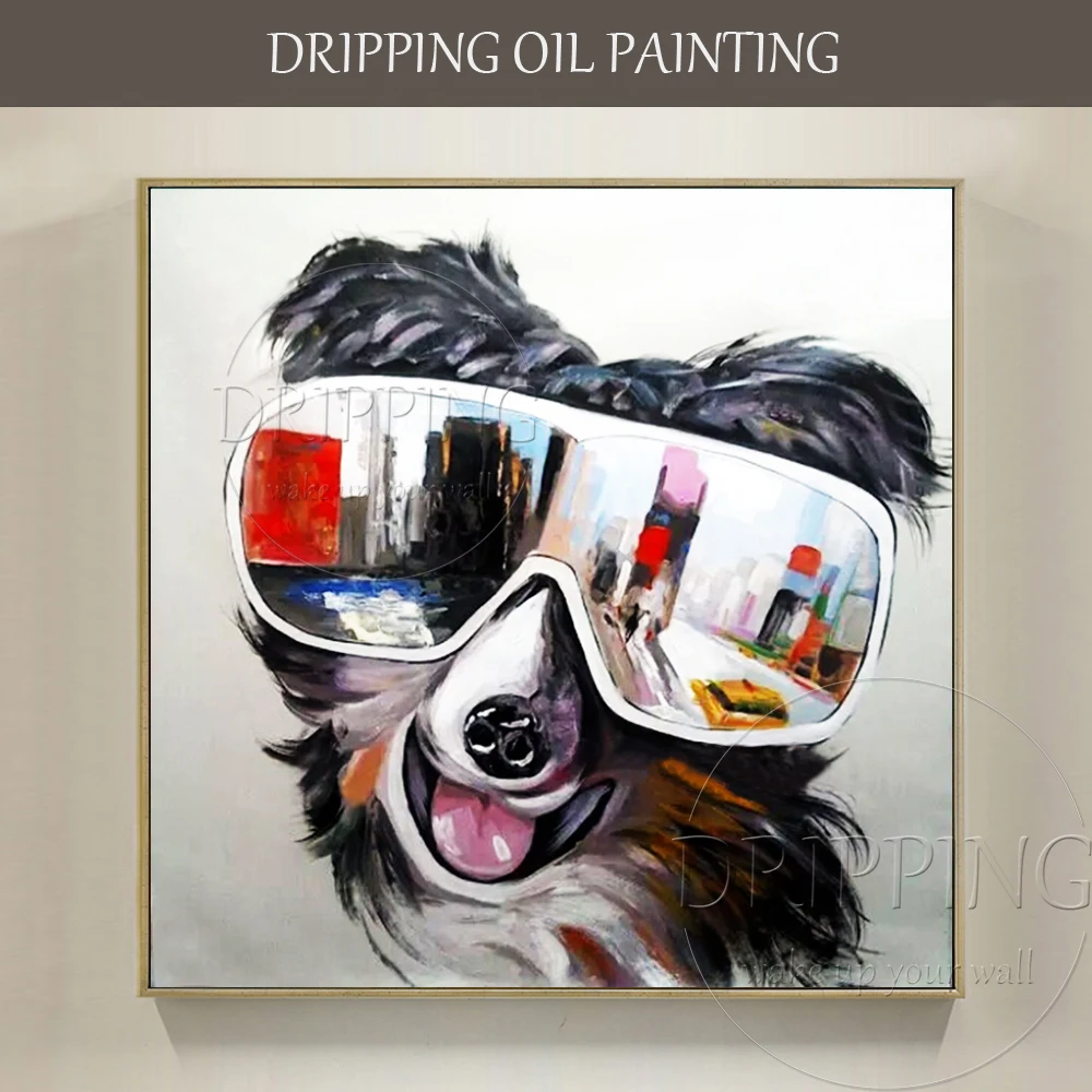 

Painter Team Supply High Quality Hand-painted Animal Dog Oil Painting on Canvas Handmade Funny Dog with Glasses Oil Painting