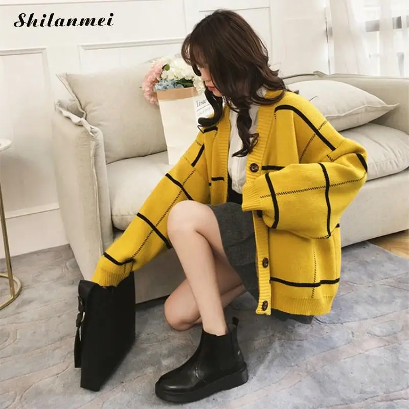 

New Woman Striped Casual Loose Knitted Cardigans Sweaters Single Breasted V Neck Long Sleeve Female Streetwear Outwears