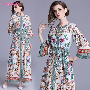 

AMBMCM Fashion Runway Dress Women's Long Sleeve Side Split Vintage Loose Floral Print Long Dress High-quality Party Dresses