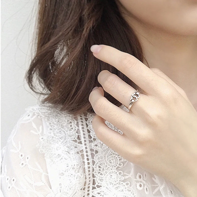 

Adjustable Hollow 925 Sterling Silver Wedding Ring For Women Double Heart Zircon Opening Ring Valentine's Day Present