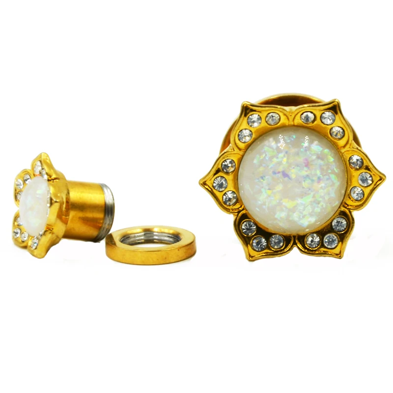 

Showlove 2pcs Gold Gemed Flower Screw Fit Flesh Ear Tunnel Pericng Plug with Synthetic Opal Body Jewelry