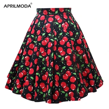 

Costumes Retro Vintage Women Skirt Summer Cherry Floral Printed 50s Gothic Runway Skirt Lolita Style Punk Casual Swing Skirts