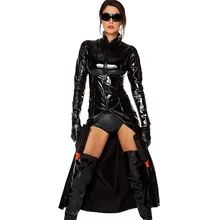 New Gothic Wetlook PVC Faux Latex Reloaded Sexy Fantasy Halloween Costume High Quality Vinyl Matrix Trench Leather Catsuit Dress xb17 2018 sexy christmas costume red white wetlook faux leather exotic dress cosplay halloween uniform with white fur red hat