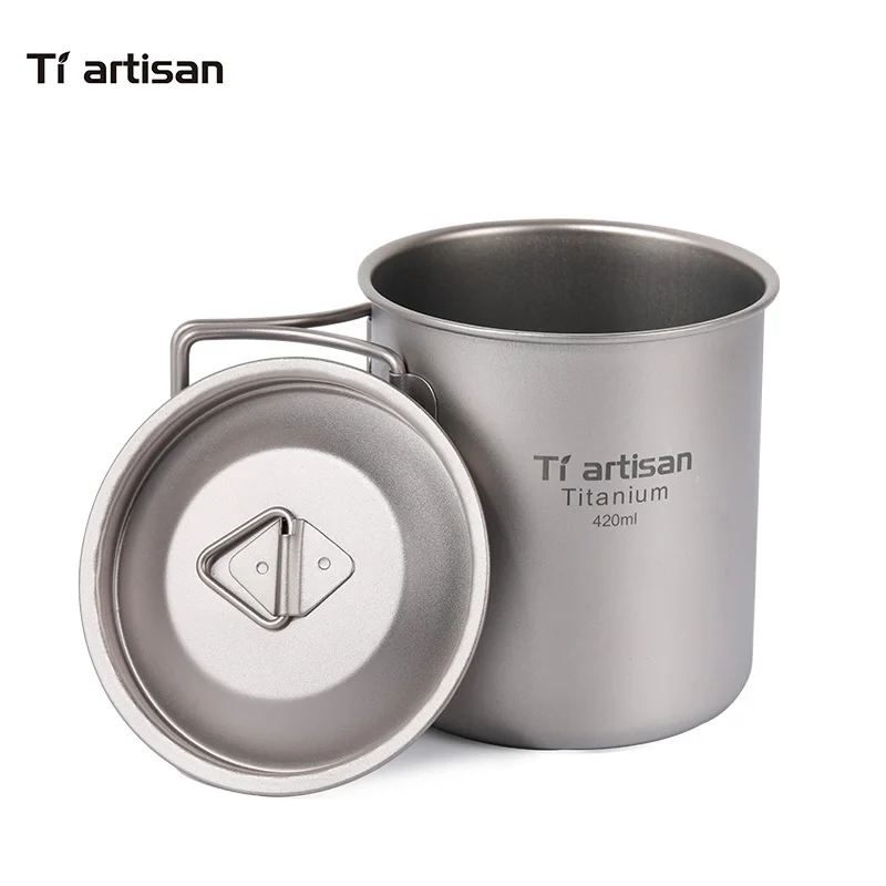 Tiartisan النقي التيتانيوم في الهواء الطلق التخييم أكواب طوي مقبض خفيفة الوزن كوب المحمولة 420 ملليلتر Drinkware القهوة القدح Ta8306