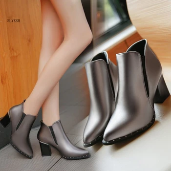 

SLYXSH European style contracted Woman British Style Rivet Boots Boots Autumn Winter 2018 New High-heeled Shoes