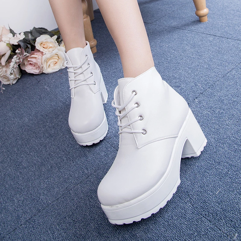 

Brand Designers 2018 New Autumn Winter Women Shoes Black /White Platform High Heels Boots Lacing Platform Ankle Boots Chunky
