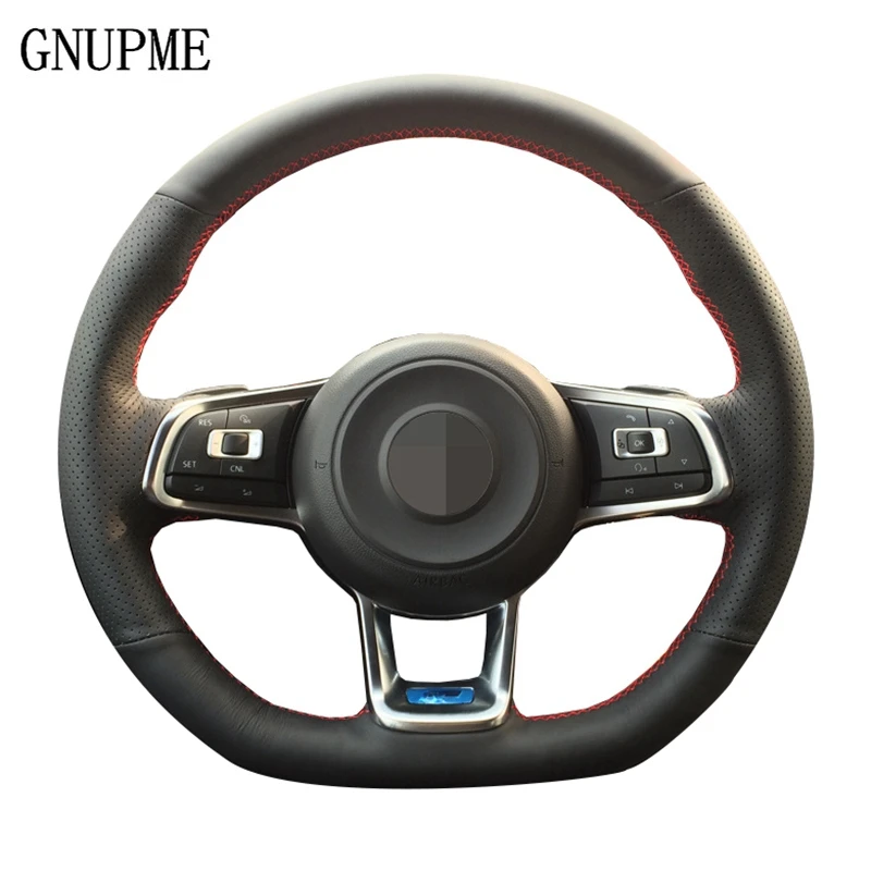 

GNUPME Black Artificial Leather Hand-stitched Car Steering Wheel Cover for Volkswagen VW Golf 7 Mk7 New Polo 2014 2015 2016 2017