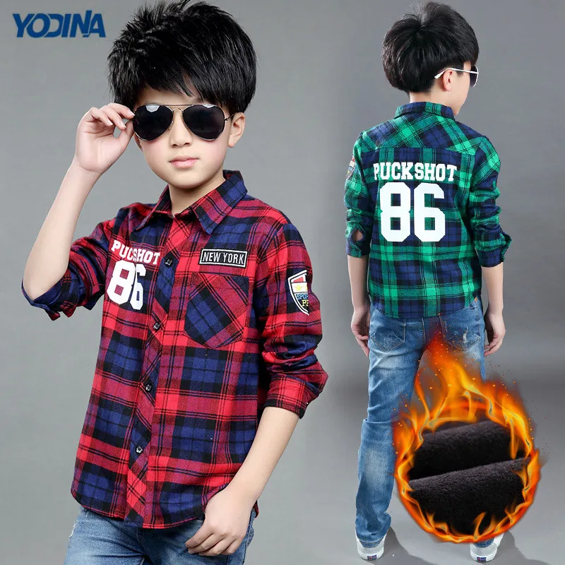 YODINA Kids Clothing Children Blouses Autumn Winter Boys Plaid Shirt Warm Thicken Big Boys Letter Printed Shirt Turn-down Collar цена YODINA Kids Clothing Children Blouses Autumn Winter Boys Plaid Shirt Warm Thicken Big Boys Letter Printed Shirt Turn-down Collar цены онлайн