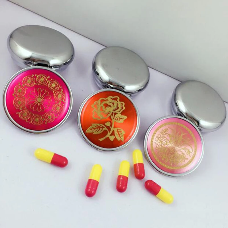 

1PC Random Travel Makeup Storage Container Metal Round Flower Print Folding Pill Case Medicine Organizer Box
