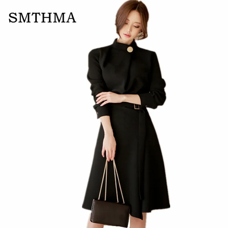 

SMTHMA HIGH QUALITY New arrival 2019 Designer Runway Women's Long Sleeve Double Breasted Buttons Patchwork Dress