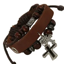 Vintage Retro Handmade Wooden beads Adjustable With the Cross Leather Bracelet For Women Men Unisex Jewelry Star Bracelet Bangle