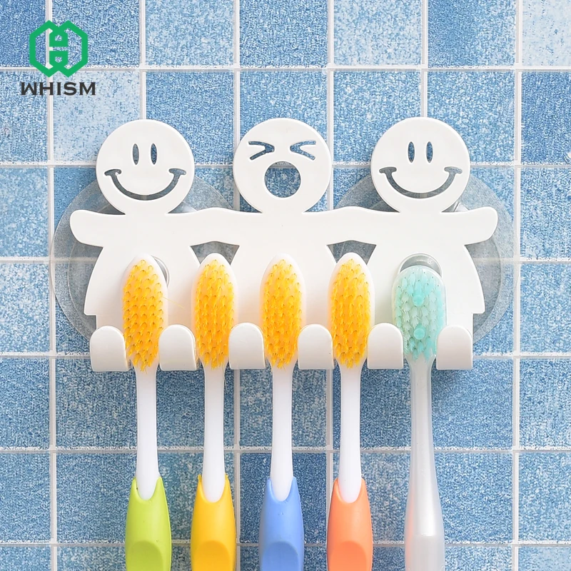 

Cute Bathroom Sets Cartoon Sucker Suction Hooks 5 Position Toothbrush Holder Eco-Friendly Funny Smiling Face Toothbrush Stand