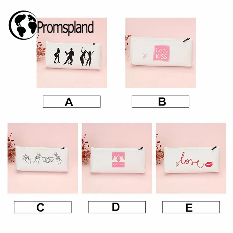 

5 Styles Pencil Case PU Pen Bag Fingers Dance Heart Love Kiss Stationery White Zip Office School Supplies Student Gifts 19.5cm