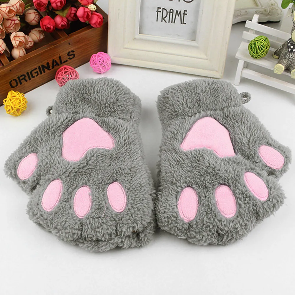 

Winter Gloves Kids Fashion Cute Cartoon Girl Cat Claw Paw Fingerless Winter Warmer Half Finger Gloves Mitten YE11.24