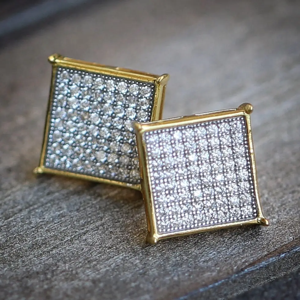 

2017 high quality 925 sterling silver screwback gold rhodium square crown micro pave big gold earring