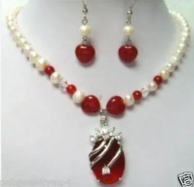 

Fast shipping + Hot! Charming! pearl Red stone necklace earring Set hot